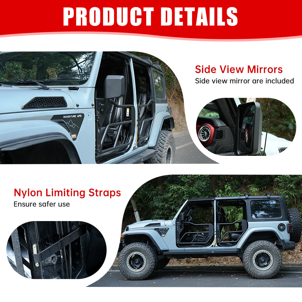 Tube Doors with Side View Mirror for 2018-2024 Jeep Wrangler JL
