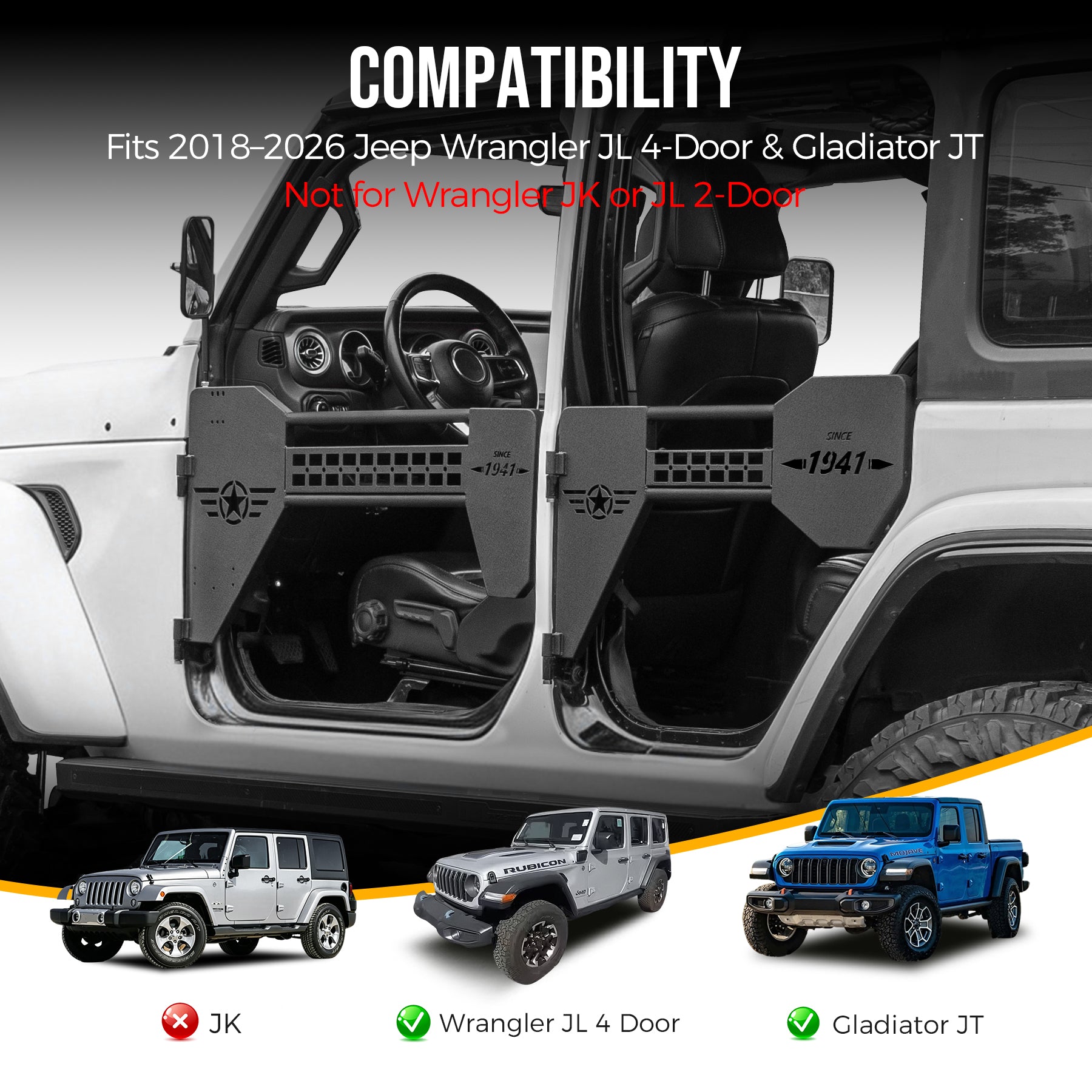 Tube Doors w/ Mirror for 2018-2026 Jeep Wrangler JL JLU Gladiator JT Offroad